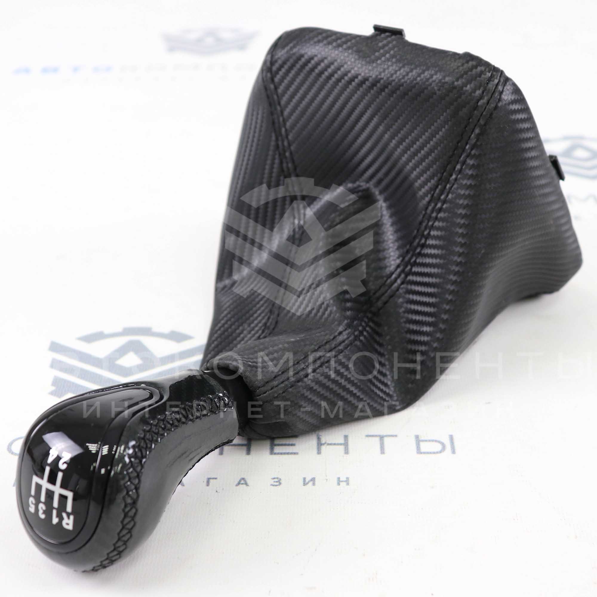 Ручка КПП "Карбон" (стиль Vesta, в коже, черный лак) ВАЗ 2110, 2111, 2112