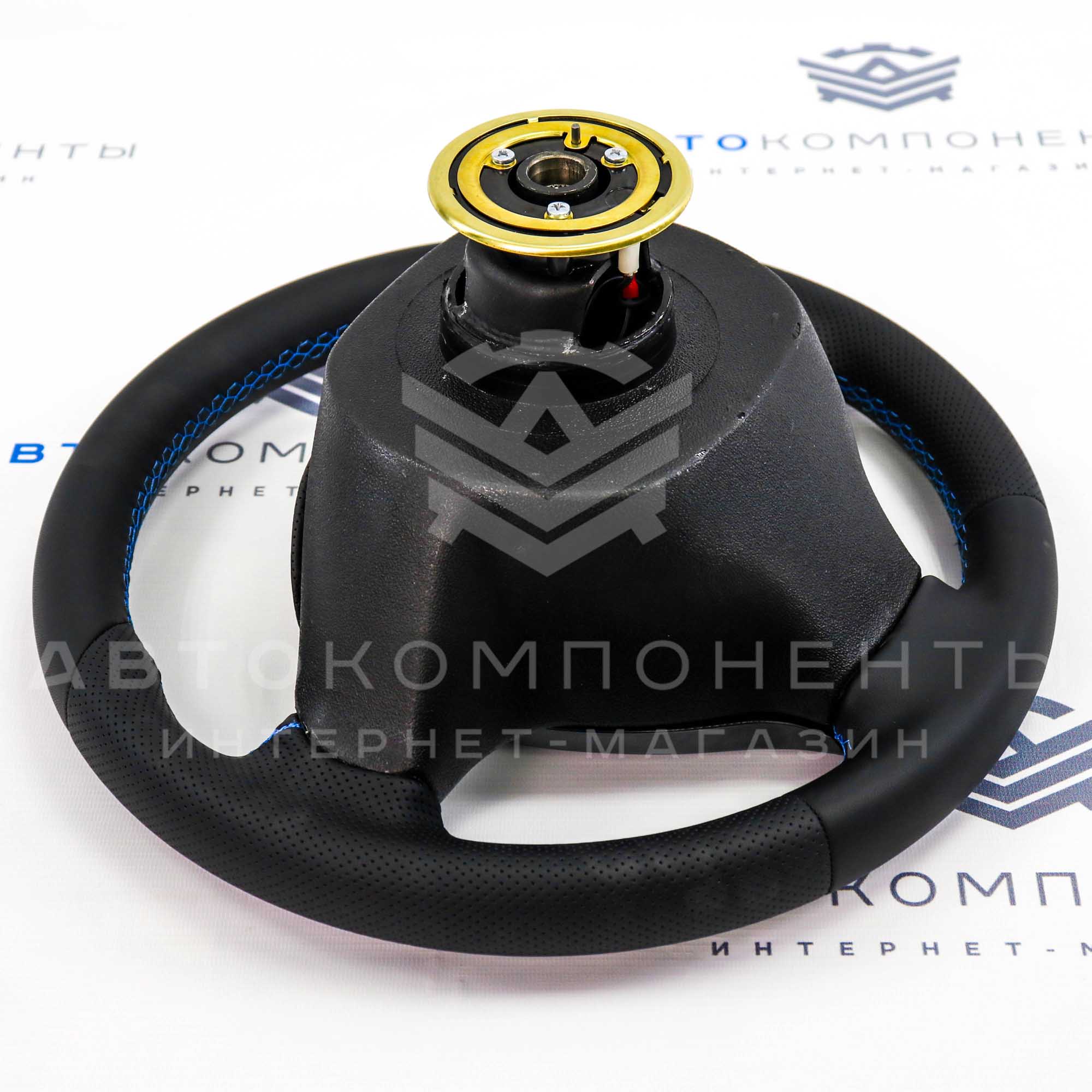 Руль (круглый) в стиле Приора 2 (в коже) ВАЗ 2113, 2114, 2115 (чёрный лак)