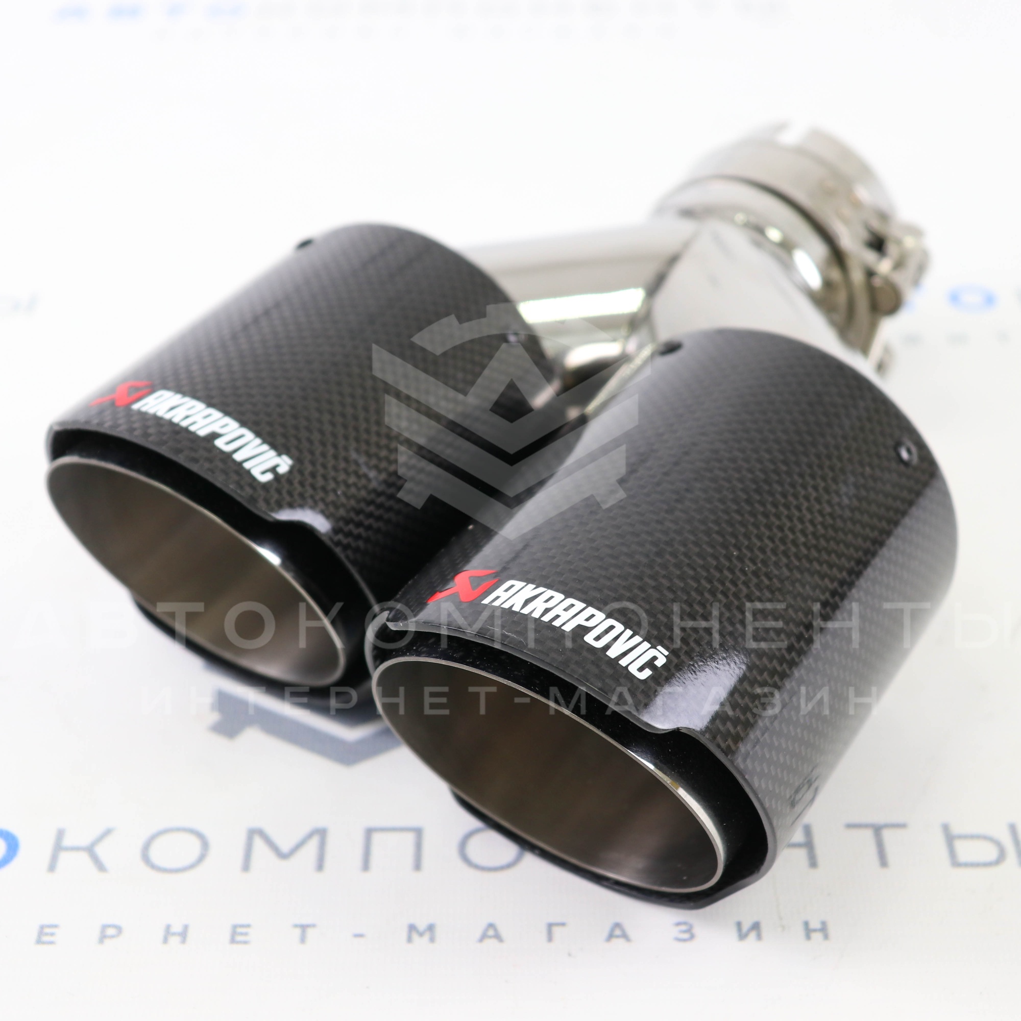 Раздвоенная насадка AKRAPOVIC (открытого типа) на глушитель (левая) 63мм (карбон, хром)