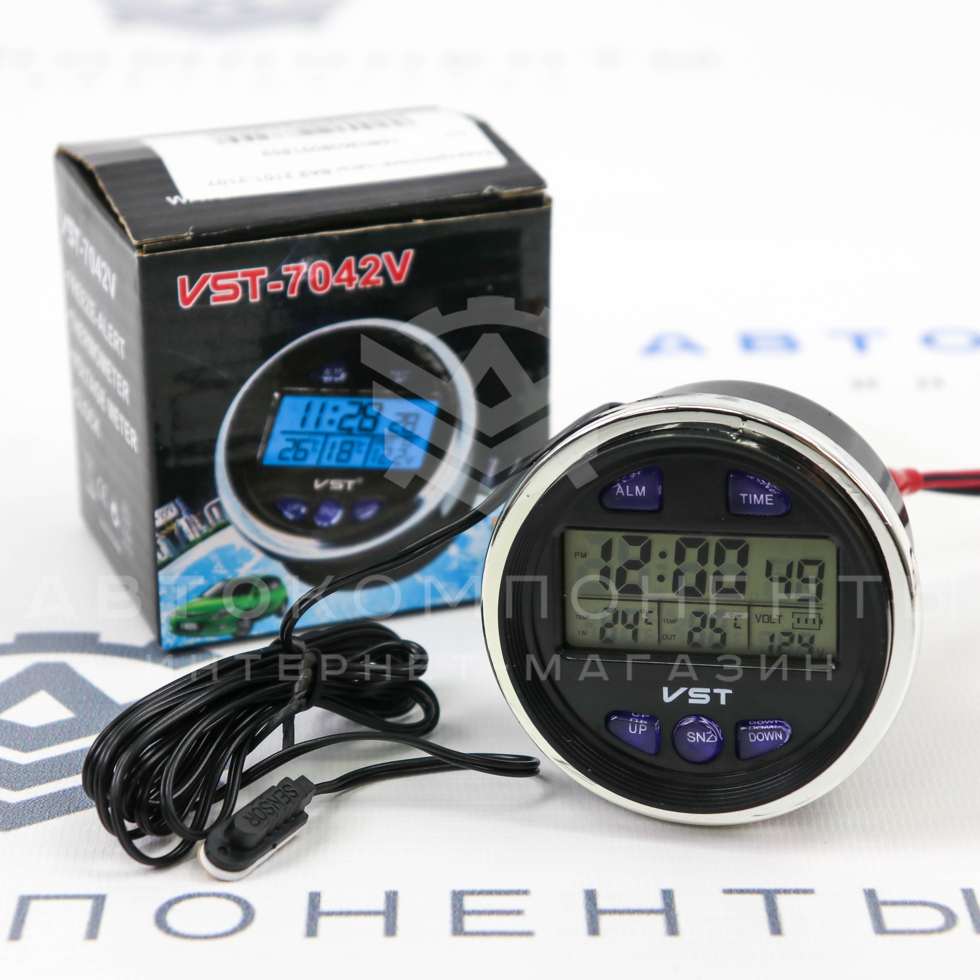 Электронные часы "VST" 7042V (вольтметр, термометр) на переднюю панель ВАЗ 2106, 2107