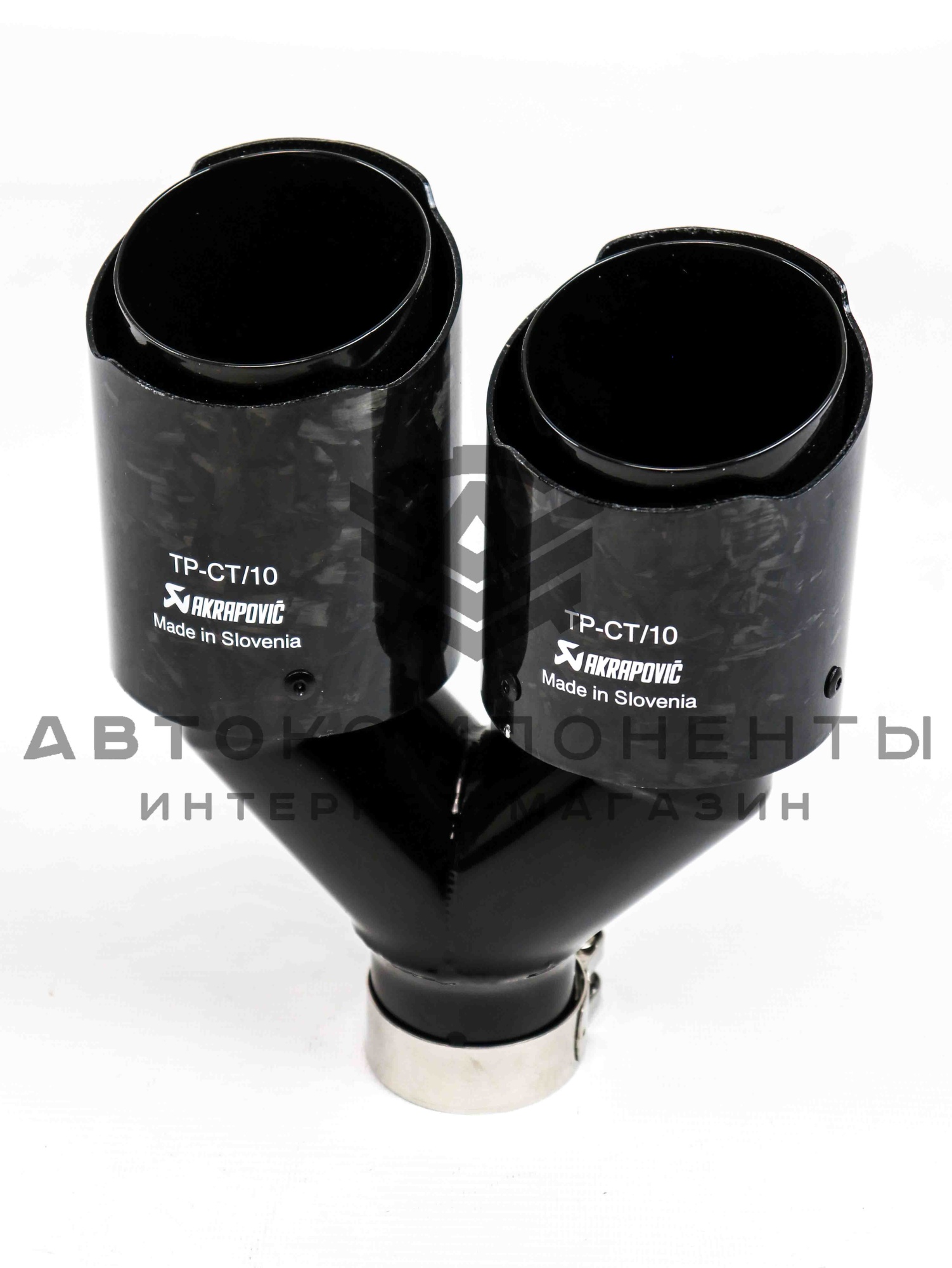 Раздвоенная насадка AKRAPOVIC (открытого типа) на глушитель (правая) 51-89мм (кованый карбон, черная)