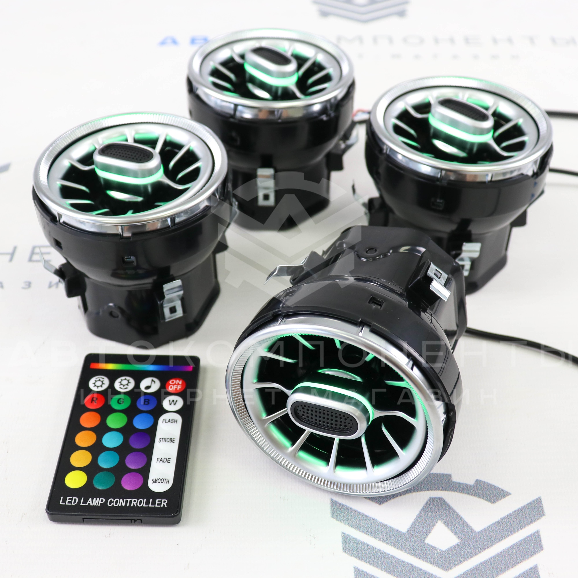 Сопла вентиляции AMG с RGB подсветкой (Bluetooth) Лада Гранта, Калина 2, Ларгус (серебристые)