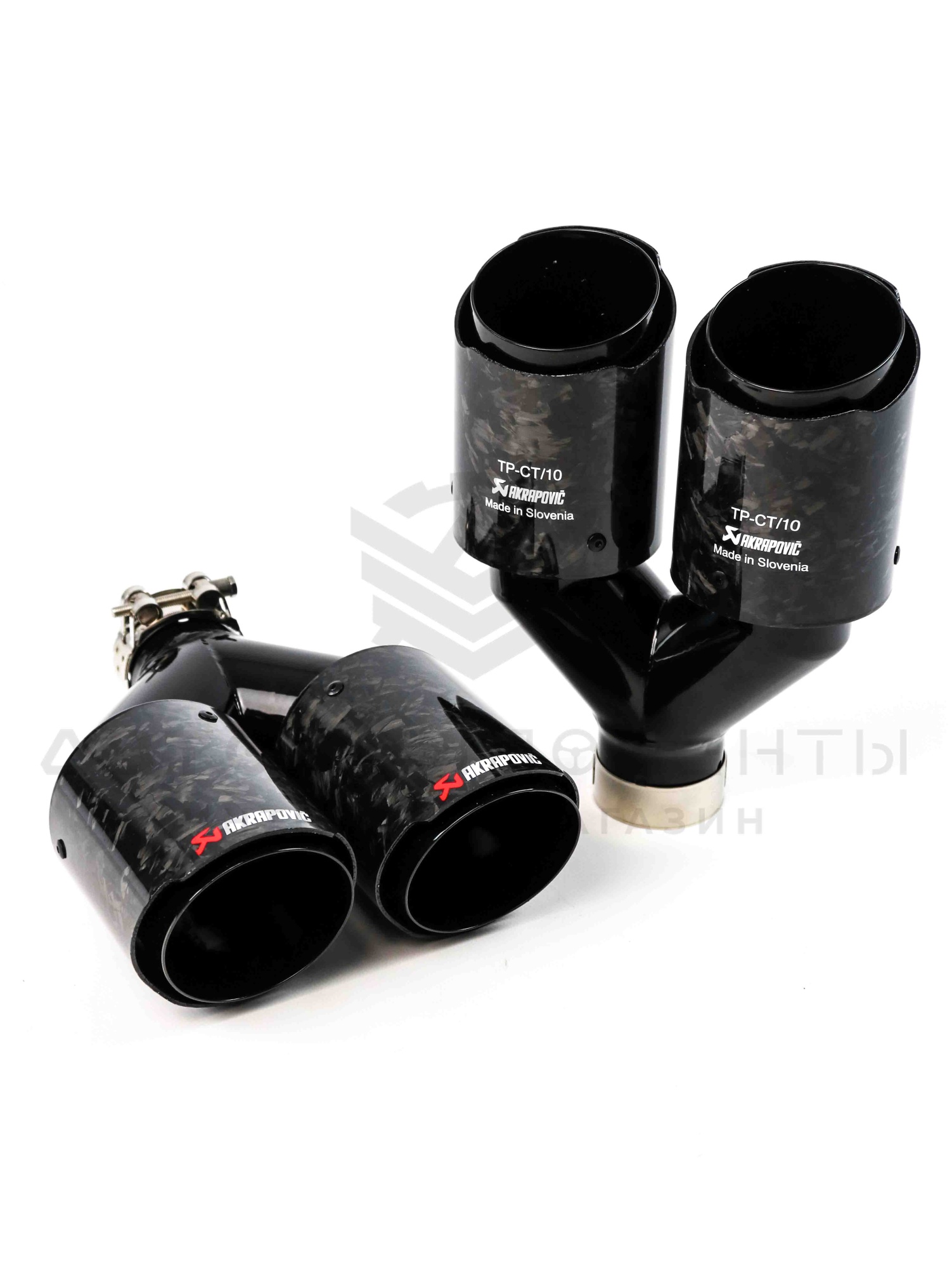 Раздвоенные насадки на глушитель AKRAPOVIC (открытого типа) 51-89мм (кованый карбон, черные) (2 шт)