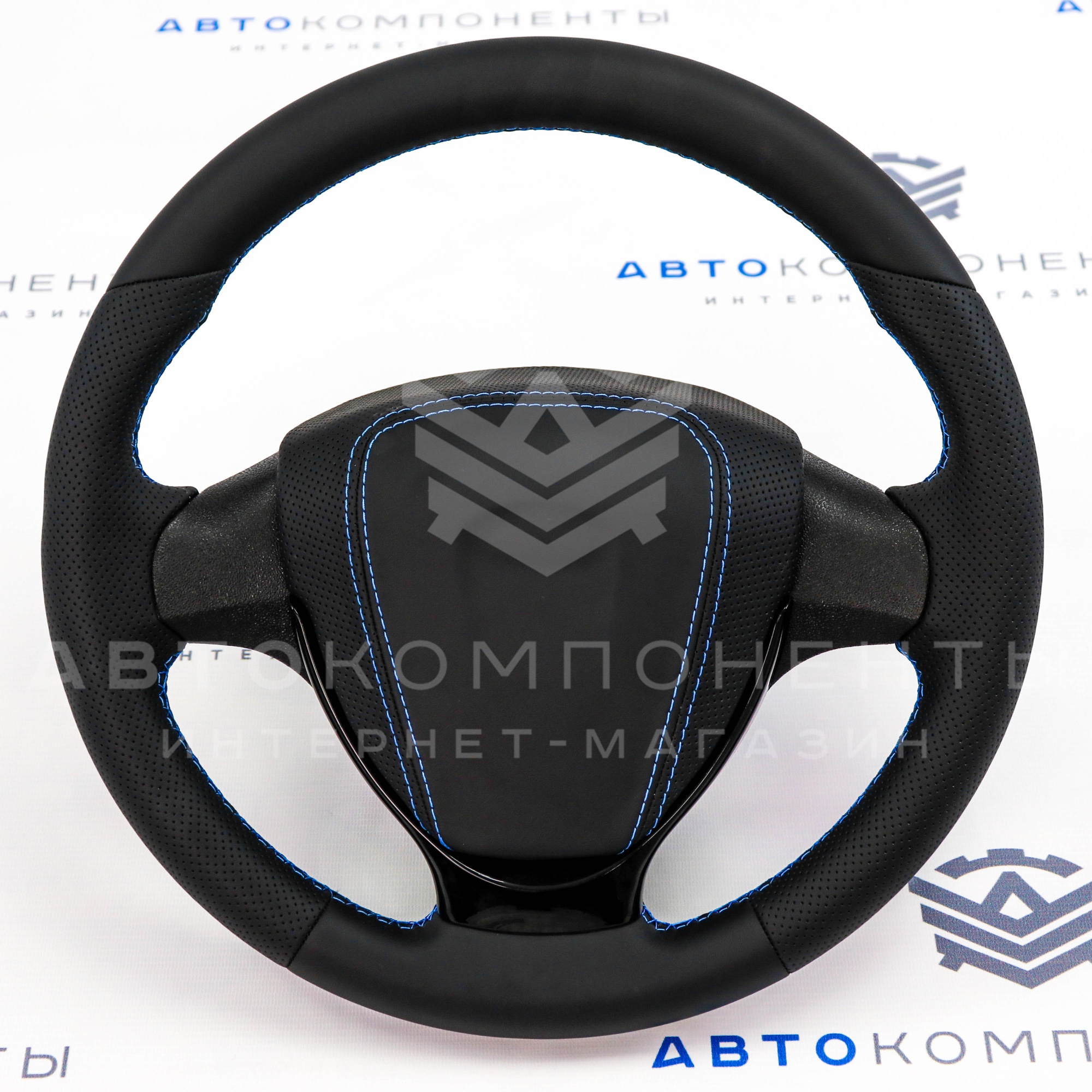 Руль (круглый) в стиле Приора 2 (в коже) ВАЗ 2113, 2114, 2115 (чёрный лак)