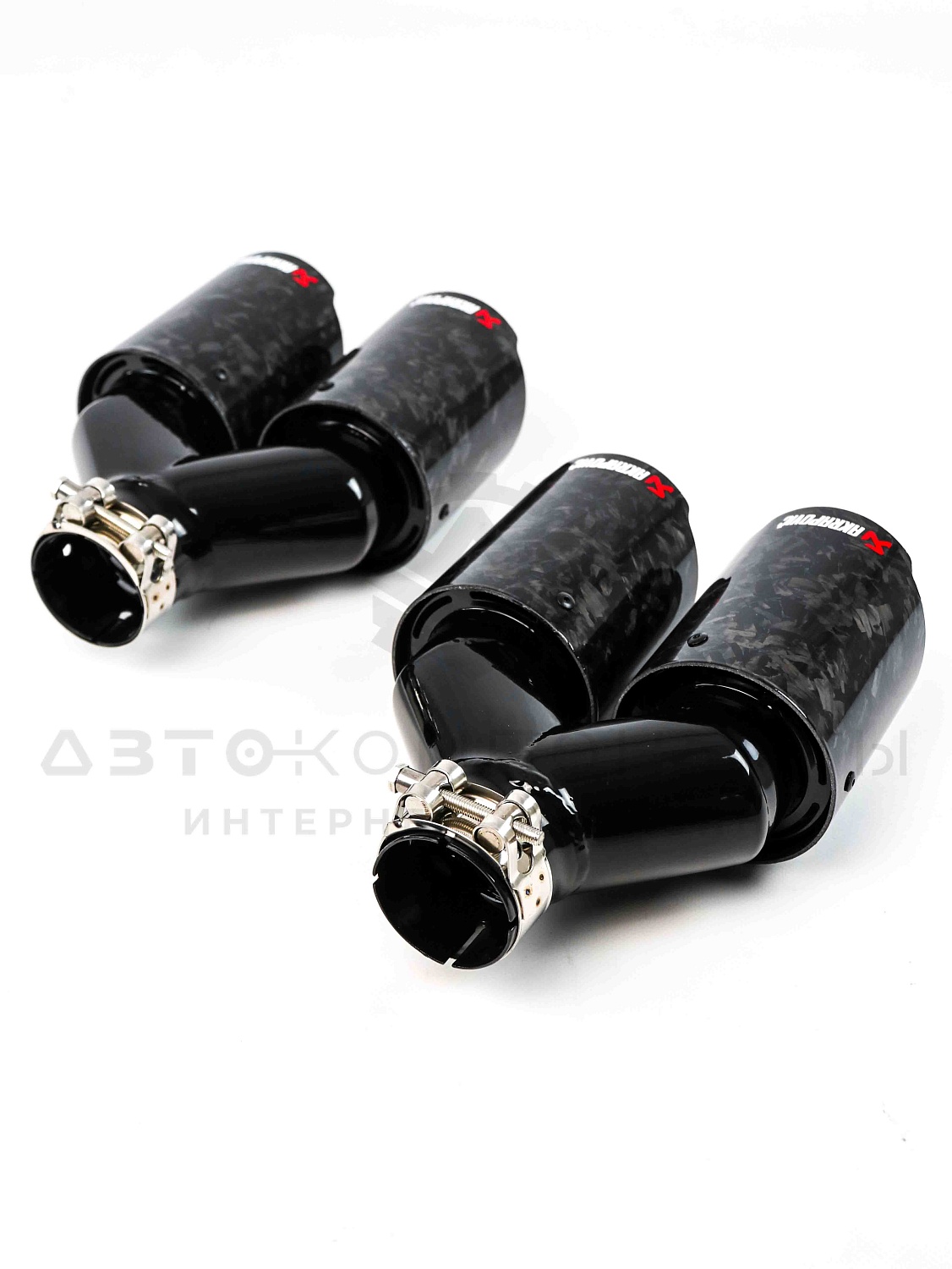 Раздвоенные насадки на глушитель AKRAPOVIC (открытого типа) 51-89мм (кованый карбон, черные) (2 шт)
