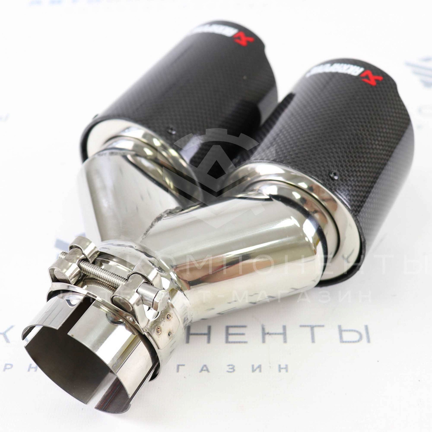 Раздвоенная насадка AKRAPOVIC (открытого типа) на глушитель (левая) 63мм (карбон, хром)
