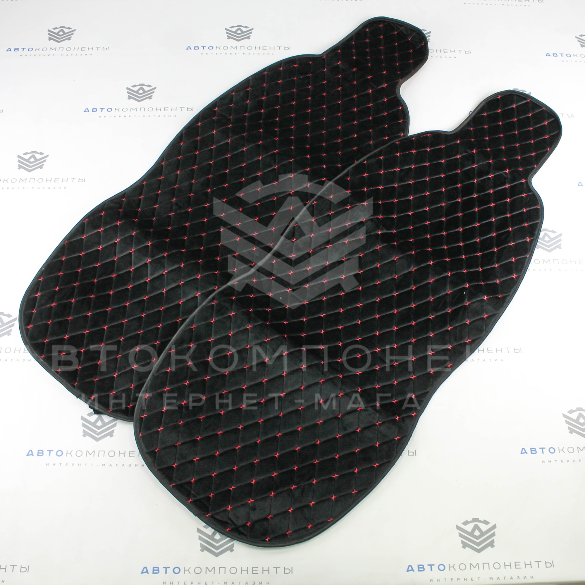 Универсальные накидки из велюра (широкие) с бортами на передние сиденья Ромб (красная нить)