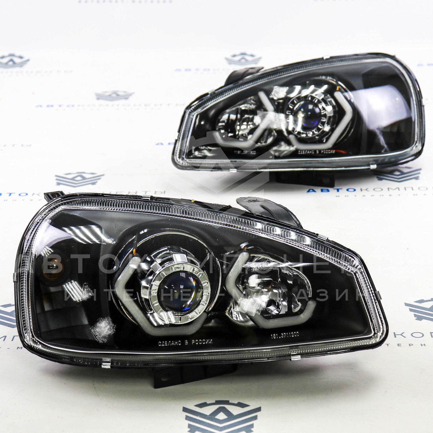 Фары Лада Калина в стиле BMW с ДХО 2 BI-LED линзы (черные)